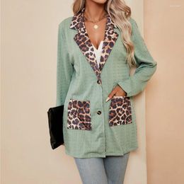 Women's Suits Autumn Winter All-Match Women Simple Stylish Leopard Print Pockets Button Turndown Collar Elegant Office Lady Suit Jacket