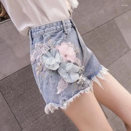 Women's Shorts 2023 Summer Women High Waist Push Up Denim Students Embroidery Three-Dimensional Flower Tassel Wide Leg Short Pants