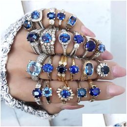 Big Blue Stone Ring Charm Jewellery Women Cz Wedding Promise Engagement Rings Ladies Accessories Dhgarden Otygu