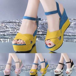 Sandals Fashion Spring And Summer Women Wedge High Heels Colorblock Buckle Casual Style