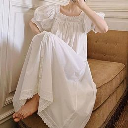 Women's Sleepwear French Style Retro Cotton Nightdress Short Sleeve Maxi Dress Square Collar Single-breasted Night Gown Pyjamas For Women