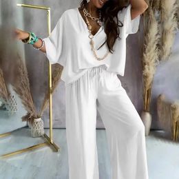 Women's Two Piece Pant's Casual Loose 2Pc Suits Fashion Vneck Blouse White Wide Leg Pants Set Elegant Batwing Sleeve Autumn Boho Outfits 231011