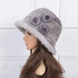 Berets Design Fur Hats For Women Winter Autumn Knitted Warm Caps Of Natural Mink 3 Folower 6 Solid Colours Real Fedoras