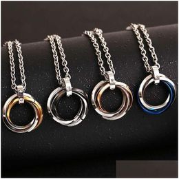 Pendant Necklaces Stainless Steel Three Rings Pendant Necklace Gold Ring Crystal Necklaces For Women Men Fashion Jewellery Will And Sand Dhph6