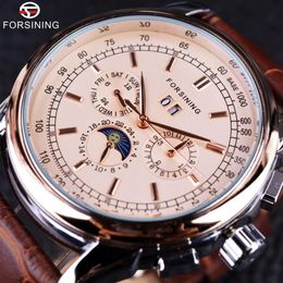 Forsining Moon Phase Shanghai Movement Rose Gold Case Brown Genuine Leather Strap Mens Watches Top Brand Luxury Auotmatic Watch Wa295t