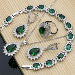 Wedding Jewellery Sets Wddings Silver 925 Green Emerald Beads Earrings Rings Necklace Set Women Party Jewellry Drop 231012