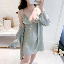 Women's Sleepwear Perspective Robe Suit Female Lace Patchwork Kimono Bath Gown Bathrobe&Chemise Nightgown Hollow Out Sleepdress Summer