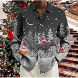 Men's Casual Shirts 2023 Christmas Gift Long Sleeve Snowman Print Polo Collar Shirt Holiday Party Dress Plus Size S-6XL