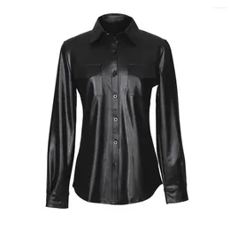 Shirts Women's Blouses Red Black Faux Leather Blouse Women Turn Down Collar SingleBreasted Buttons Long Sleeve Shirt Office Lady PU Tops