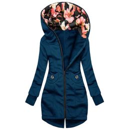 Women's Hoodies Sweatshirts Winter Hoodie Coat Warm Women Floral Print Hooded Korean Zip Up Blouse Street Casual Pocket Long Sleeve Sudaderas 231011