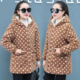 Women's Trench Coats Particle Velvet Thick Fleece Hooded Polka Dot Coat 2023 Winter Mother Wear Warm Casual Cotton Wadded Jackets Female