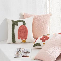 Pillow Nordic Style Flower Loop Tufted Cover Pink Plant Embroidered Decorative Pillows Decor Home Sofa Bedside Pillowcase