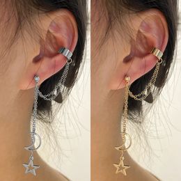 Stud Vintage Pendant Metal Dangle Earrings with Long Chain Ear Clip for Women Silver Color Gold Star Moon Earring Jewelry 231011