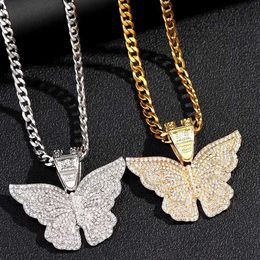 Pendant Necklaces Iced Out Shiny Big Butterfly Necklace for Women Men Stainless Steel Cuban Link Rope Chain 3d Jewelry