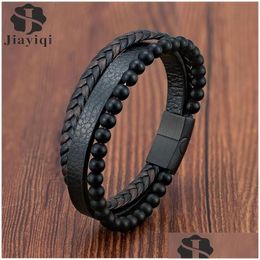 Fashion Mutilayer Leather Bracelet For Men Charm Stainless Steel Magnetic Clasp Wrap Bangle Dhgarden Otrjn