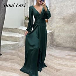 Casual Dresses Premium Ladies Party Evening Dress Fashion Sexy Silk Satin Pleated Banquet Autumn V Neck Solid Colour Waisted Maxi