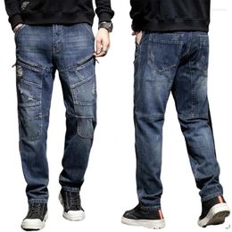 Men's Jeans Men Straight Slim Trendy Personality Stitching Diagonal Pockets Baggy Denim Pants Oversized Plus Size 28-40