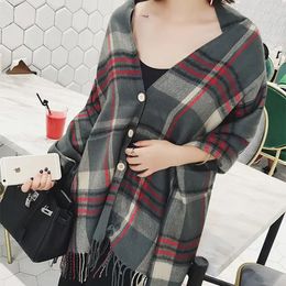 Shawls Cloak Shawl Imitation Cashmere Poncho Cape Spring Autumn Knitted with Button Scarf Multifunctional Women Capes Gray 231012