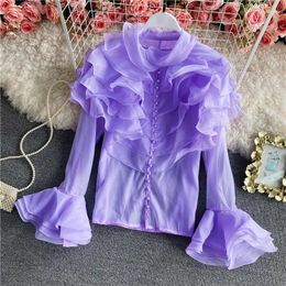 Women's Blouses Court Style Layered Ruffled Organza Shirt Spring Autumn Sweet Flare Sleeve Pearl Button Through Tops Black White