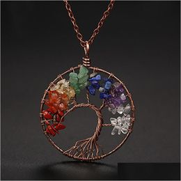 Pendant Necklaces Tree Of Life Natural Stone Pendant Necklace Bronze Wire Agate Amethyst Turquoise Beads Necklaces For Women Children Dhfdm