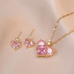 Wedding Jewellery Sets Fashion Cute Pink Heart Necklace Earrings Set Classic Niche Versatile Simple Clavicle Chain 231011