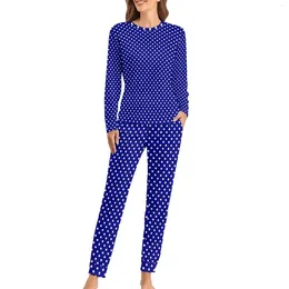 Women's Sleepwear White Polka Dot Pyjamas Navy Blue 2 Pieces Aesthetic Pyjama Sets Women Long Sleeves Retro Oversized