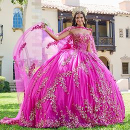 Rose Pink Sweetheart Ball Gown Quinceanera Dresses Applique Tulle With Cape Formal Vestido De 15 Anos Quinceanera Princess Party Dress