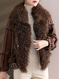 Women's Jackets OFTBUY 2023 Winter Jacket Women Real Fur Coat Spliced Genuine Leather High Quality Loose Short Locomotive Wide Warm
