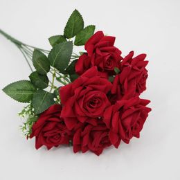 Artificial Flowers silk flower 7 head red velvet rose bouquet for Wedding Decorations