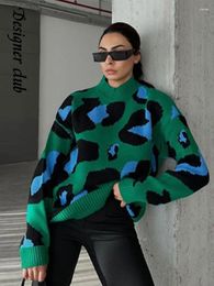 Women's Sweaters Chic Contrasting Leopard Print Thicken Sweater Casual Round Neck Long Sleeved Jumper 2023 Autumn Female Fashion Knitwear