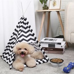 Cat Beds Furniture Collapsible Pet Teepee House Fold Away Pet Tent Furniture Cat Bed with Cushion White Black Pompom Sweet Cat Puppy House Pet Tent 231011