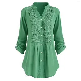 Women's T Shirts Elegant Fashion Femme Shirt Vintage V Neck Button Hollow Out Patchwork Lace Turn Down Collar Solid Color Long Sleeve