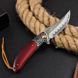 H1086 Flipper Folding Knife Damascus Steel Trailing Point Blade Rosewood Handle Outdoor EDC Pocket Folder Knives with Leather Sheath Hong