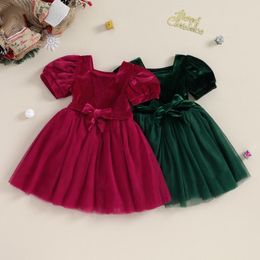 Girl Dresses Pudcoco Kids Girls Dress Solid Square Neck Short Puff Sleeve Fall Fashion Layered Tulle Casual Princess Belt 6M-4T