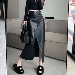 Skirts Korean Faux Leather Split Black Skirt Vintage Loose Long PU For Women Streetwear High Waist Harajuku Gothic Faldas