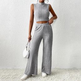 Women's Two Piece Pants Casual Set Women Tight Half Hight Collar Cropped Top High Waist Wide Leg Sets 2023 Autumn Winter Streetwear