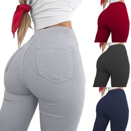 Women Leggings Stretch Pockets Solid Colour Skinny Pencil Pants Slim High Waist Trousers Grey Black Red Blue Female Casual Push Up Tight