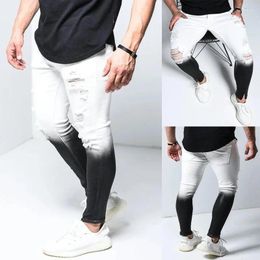 Men's Jeans Ripped Elastic Skinny Gradient Color Foot Zipper Men Streetwear