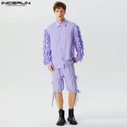 Men's Tracksuits Men Sets Solid Lapel Ruffle Loose Long Sleeve Shirt & Shorts 2PCS Streetwear 2023 Fashion Casual Suits S-5XL INCERUN