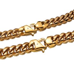 10mm-14mm Hip Hop Stainless Steel Cuban Link Chain Necklace 18K Real Gold Plated Full Zircon Jewellery