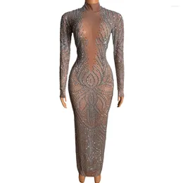 Stage Wear Nude And Black Shining Rhinestones Crystal Sexy Long Dress For Women Party Evening Celebrity Clothing Ballroom Dance Wears