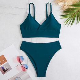 Women's Swimwear High Waist Bikini Set Women Solid Color V-Neck Backless Bathing Suits 2 Piece Two Seamless Tankini Swimsuits