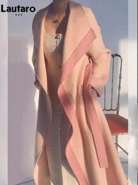 Women' Blends Lautaro Autumn Winter Long Loose Casual Patchwork Woolen Coat Women Sashes Stylish Chic Elegant Luxury Designer Clothes 231012