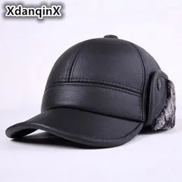 Ball Caps XdanqinX Winter Men's Genuine Leather Cowhide Hat Thicker Warm Baseball Male Bone Casual Brands Earmuffs Hats For Men