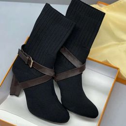 Designer Boot Silhouette Ankle Boots Winter Heel Boots Fabric Sock Bootie Stretch Warn Heel Print Flower Heels Ladies Casual Shoes With Box No50