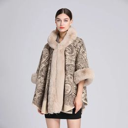 Shawls Autumn Winter Imitation Otter Rabbit Fur Collar Jacquard Hooded Shawl Cape Wool Ponchos Beige Capes Women Cloak 231012