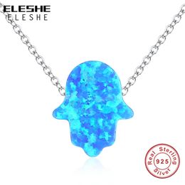 Pendant Necklaces 925 Sterling Silver Fashion Long Chain Crystal Necklace Sweater Jewellery Fashion Blue Opal Palm Hamsa Hand Necklace Women Gift 231012