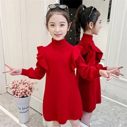 Girl Dresses Knitting Long Kids Teenage Dress Children Clothing Spring Autumn Black Beige Wedding Party Plus Size