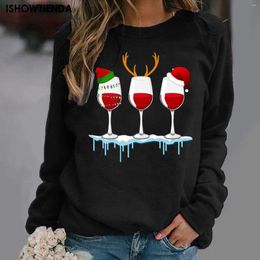 Women's T Shirts 2023 Autumn Christmas Sweater Women Girl Wine Cup 3d Printing T-shirt Cotton Long Sleeve Shirt Top Slightly Elastic Funny