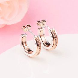 925 Sterling Silver Signature Two tone & Pave Hoop Earrings Fits European Pandora Style Jewellery Fashion Earrings